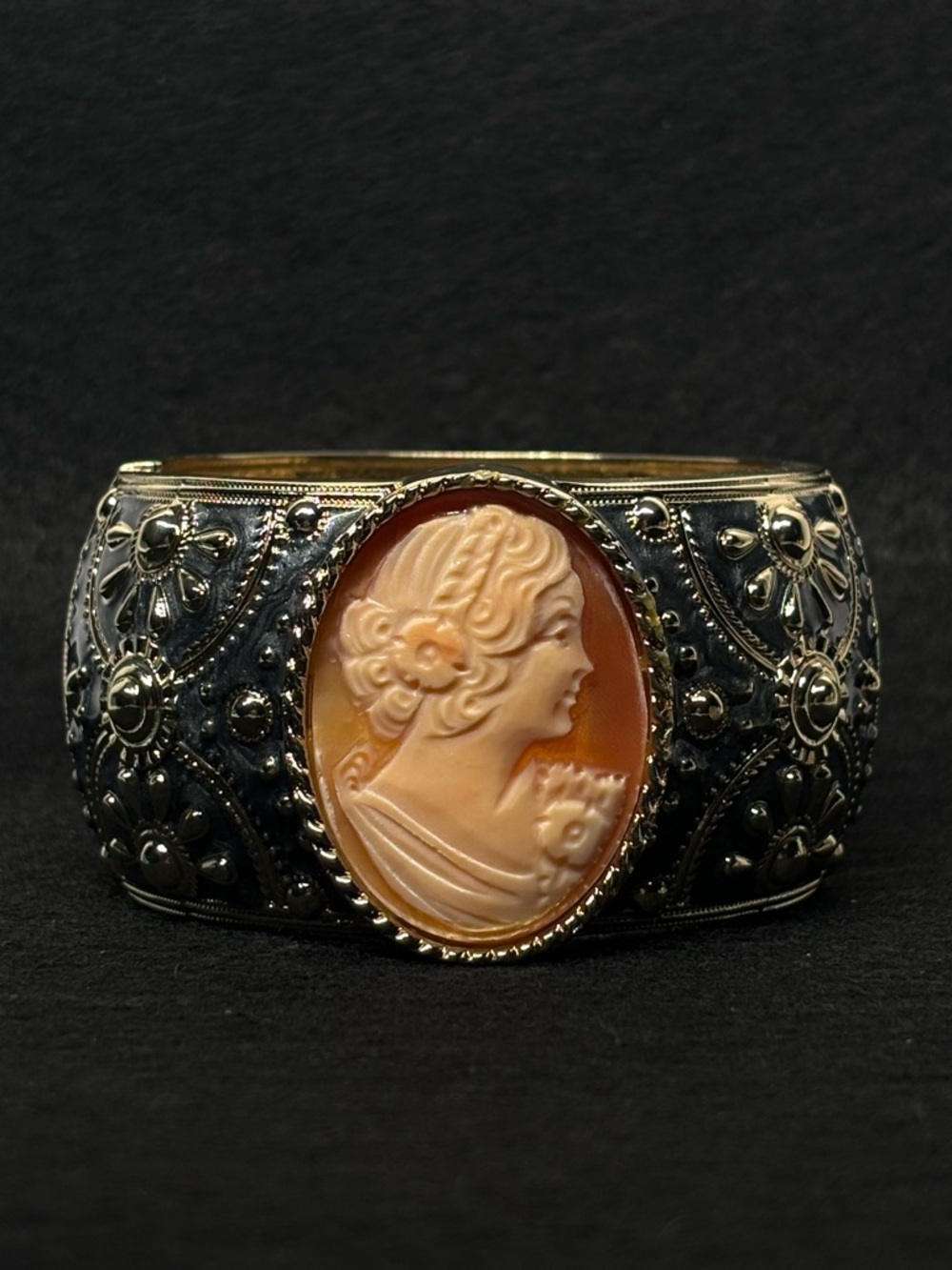 AMEDEO NYC HSN 14K GOLD PLATED CAMEO GRAY/BLACK ENAMEL BRACELET